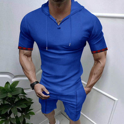 Europe and the United States cross-border summer fast selling Amazon hooded waffle T-shirt men's sports casual short sleeve shorts suit