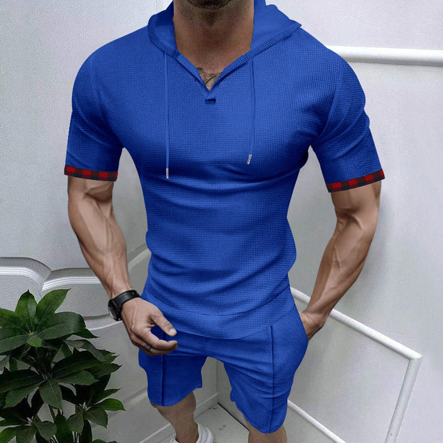 Europe and the United States cross-border summer fast selling Amazon hooded waffle T-shirt men's sports casual short sleeve shorts suit
