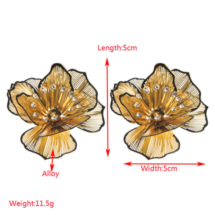 European and American New Hollow Multi-layer Flower Diamond Earrings Alloy Camellia Sweet Light Luxury High-end Sense Silver Pin Earrings