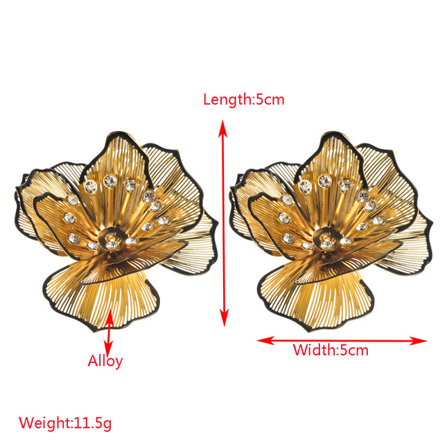 European and American New Hollow Multi-layer Flower Diamond Earrings Alloy Camellia Sweet Light Luxury High-end Sense Silver Pin Earrings