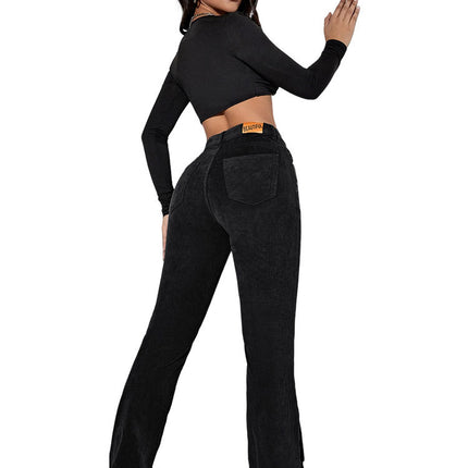 European and American Foreign Trade Hot-Selling High-Waisted Flared Corduroy Casual Pants for Women, Retro Skinny Pants, Fashionable Bell-Bottoms, Versatile