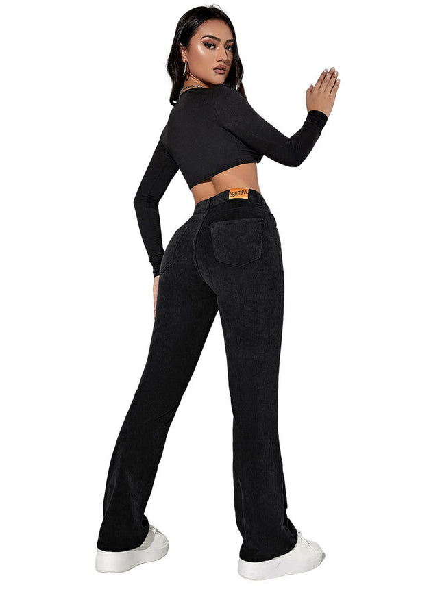 European and American Foreign Trade Hot-Selling High-Waisted Flared Corduroy Casual Pants for Women, Retro Skinny Pants, Fashionable Bell-Bottoms, Versatile
