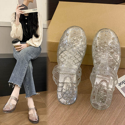 Princess Transparent Slippers Women's Outer Wear Summer New Hollow Flat Baotou Sandals and Slippers Bath Plastic Shoes