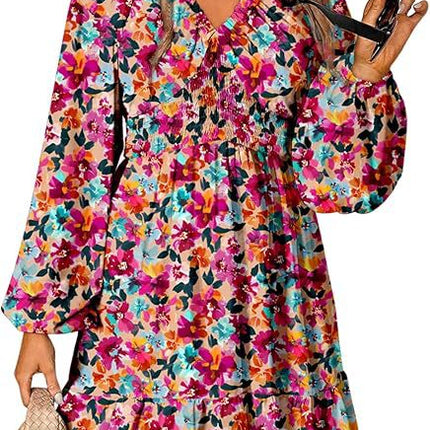 2025 Bohemian Floral V-Neck Long Sleeve Pleated Waist Casual A- Line Skirt with Swing Mini dress