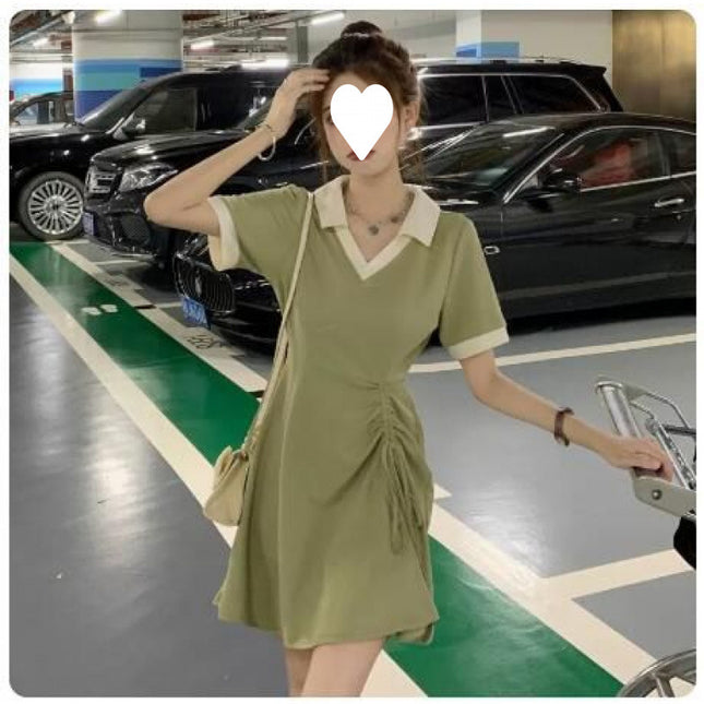 Green Collar Drawstring Dress Summer Women's Design Niche Slim Waist Slimming Casual Shirt Skirt