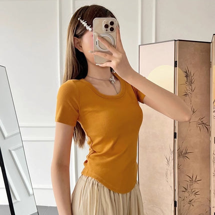 2025 New Summer U-Neck Right Shoulder T-Shirt Slim Design Niche Short-Sleeved Sexy Small Top for Women Export