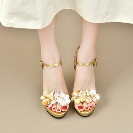 Flower Sandals for Women, New Products, Flower Buckle High Heels, Women's Thick Heels, Versatile Waterproof Platform Women's Shoes, New Products