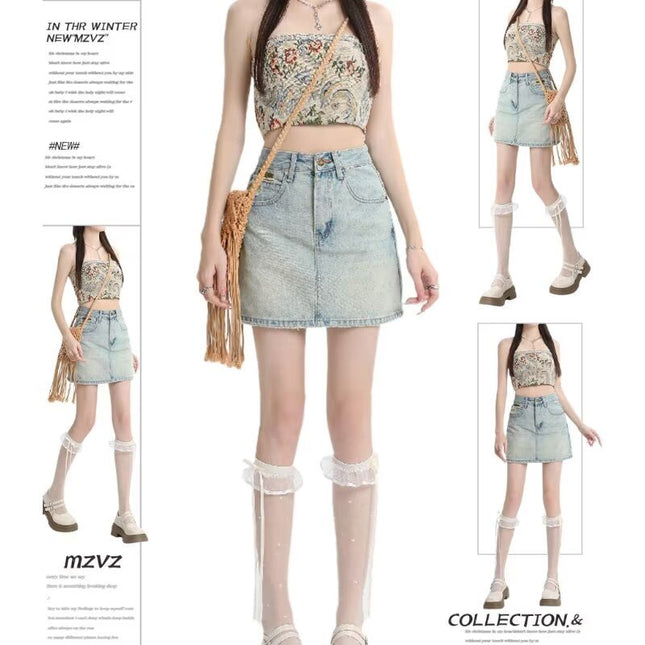 Light-Colored High-Waisted Denim Short Skirt for Women, 2026 New Summer Thin A-Line Petite Bodycon Skirt