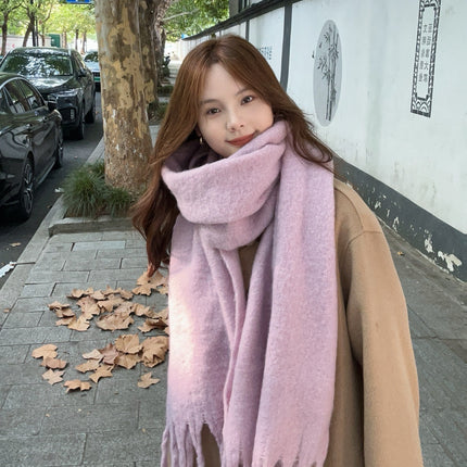 Factory new solid color haze blue scarf women's winter fluffy hair thickened students white students warm scarf