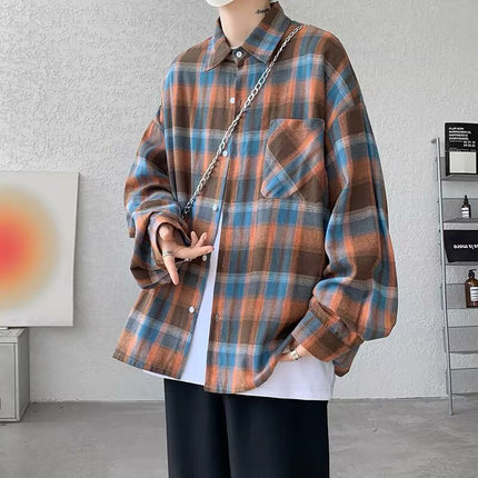 American Retro Plaid Shirt Men's Long-Sleeved Casual Trendy Brand Loose Brushed High-End Shirt Men's Jacket