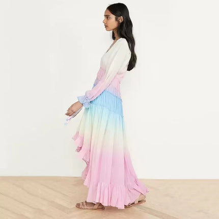 WT1119# Summer European and American Foreign Trade Women's Wear ebay Amazon Deep V Long Sleeve Gradient Printing Dress