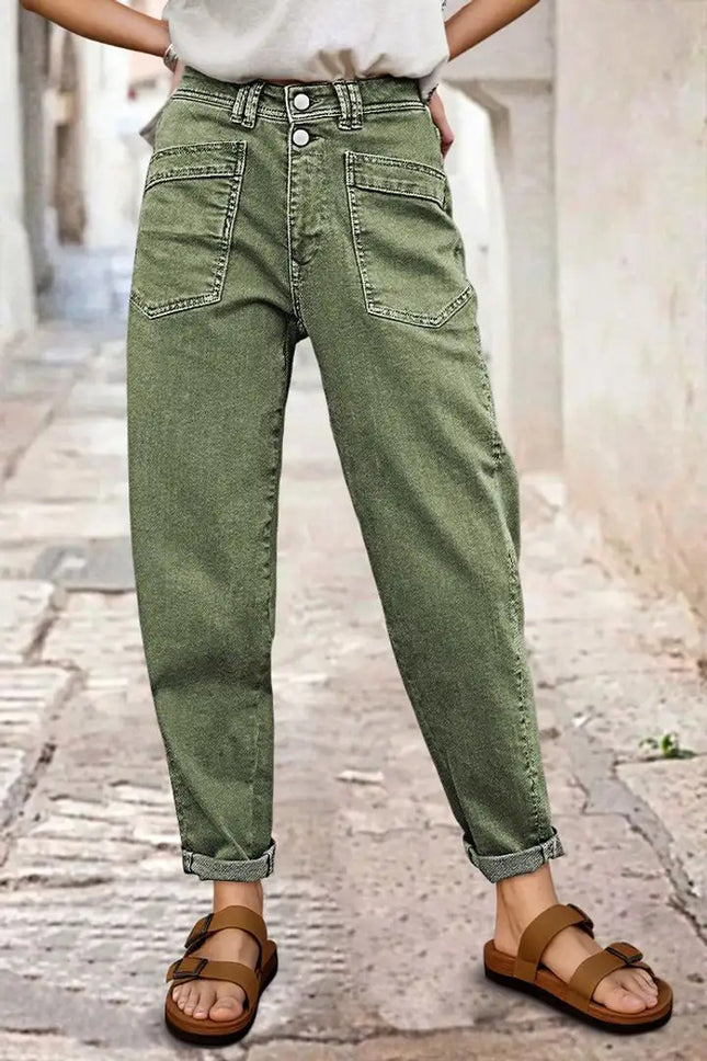 Cross-Border Amazon European and American Elastic Mid-Waist Straight Jeans Green Button Design Diagonal Pocket All-Season Jeans