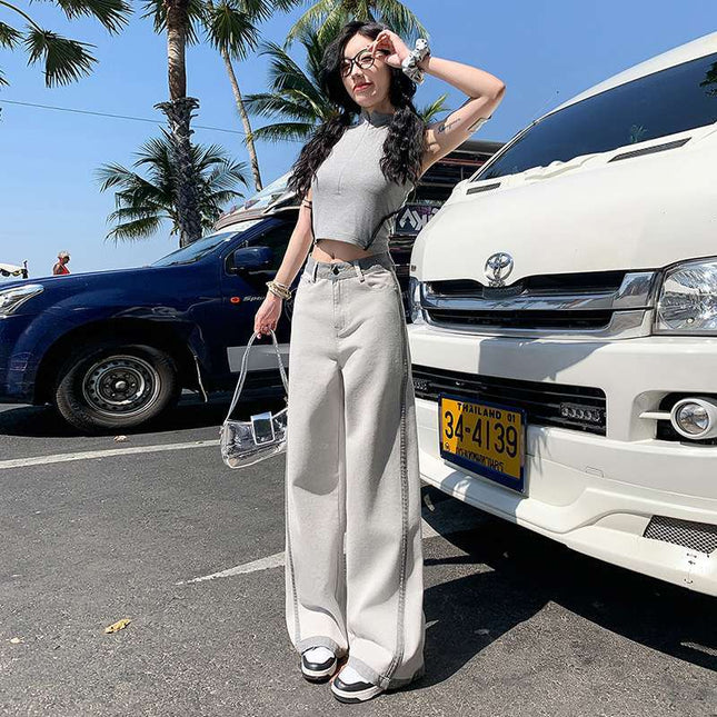 Wholesale Dropshipping Trendy Design Color-Blocking High-Waisted Wide-Leg Jeans for Women Spring and Summer Loose Slimming Floor-Length