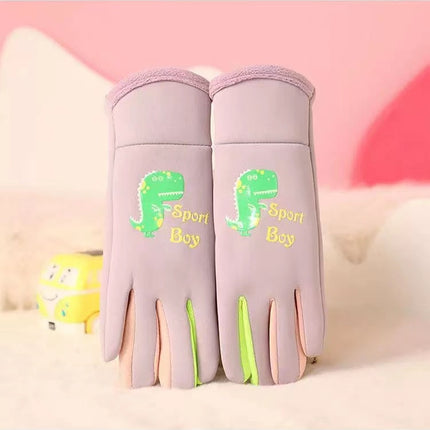 Ollie Velvet Children's Little Dinosaur Warm Non-Slip Five-Finger Outdoor Sports Cold-Proof Gloves for Baby Winter Adventure