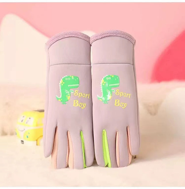 Ollie Velvet Children's Little Dinosaur Warm Non-Slip Five-Finger Outdoor Sports Cold-Proof Gloves for Baby Winter Adventure