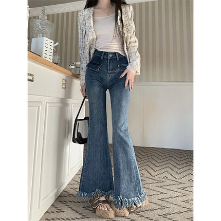 Blue High Waist Micro-Lam Jeans Women's Fashionable All-Match New Arrival Vintage Slim-Fit Slimming Horseshoe Trousers