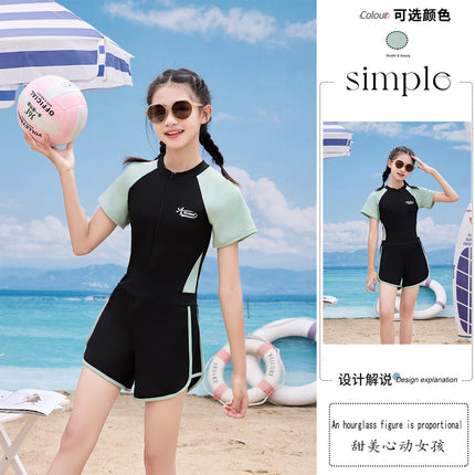 Summer Middle and Big Kids Split Swimsuit Women's Zipper 10-15 Years Old Swimsuit Seaside Beach Hotel Quick-drying Student Equipment