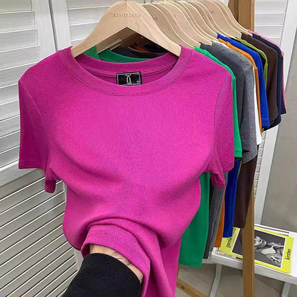 European New plus size Solid Color Loose Elastic Thread Short-sleeved T-shirt Women's Base Shirt Top Fashionable Green Shirt
