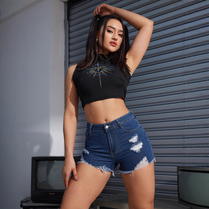 Cross-border AliExpress Hot Sale American Style Denim Shorts Women All-match Blue Ripped Shorts Hem Grinding Jeans