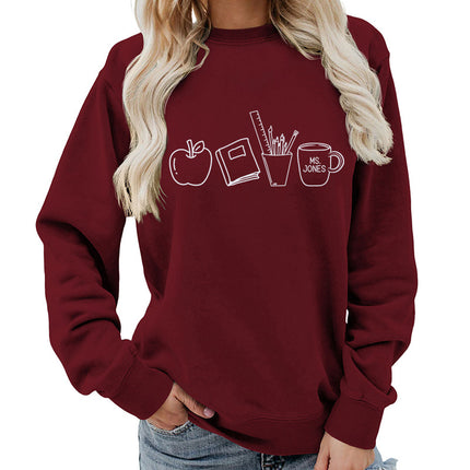 Apple Books Tea Cup Pencil Printing Crewneck Women's Top Sweatshirt Foreign Trade Supply Autumn and Winter Coat Casual Loose