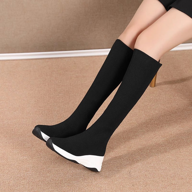 Over-The-Knee Long Boots 2025 Winter New Elastic Sock Boots Fleece-Lined to Heattech, Slimming Look and Heightening Leather Boots Manufacturer Wholesale