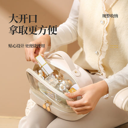 New Transparent Cosmetic Toiletry Bag Satchel Pu Bath Bag Waterproof Large Capacity Cosmetics Bag Pvc Splicing Cosmetic Bag