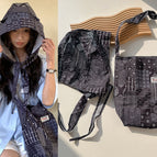 Hat and bag two-piece set, bohemian geometric black and green / One size fits all