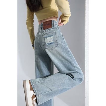 light blue High Waist Wide Leg Jeans Women's 2025 Spring New Slimming All-match Small Straight Pants