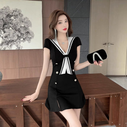 Real shot 8817 in stock navy collar age-reducing short sleeve dress college style sexy overalls foot bath technician skirt
