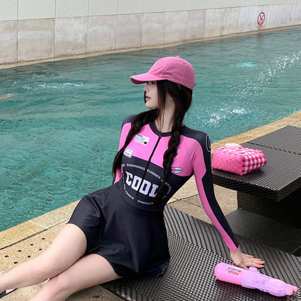 Korean style swimsuit new dopamine pink one-piece skirt swimsuit women's long sleeve sun protection conservative women's swimsuit wholesale