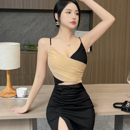Hot girl style sexy women's mesh contrast color hollow low-cut sling dress night shop night club work clothes
