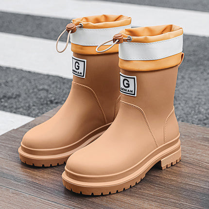 Cross-Border Women's Mid-Calf Rain Boots, Thickened Drawstring Rain Shoes, Wear-Resistant, Non-Slip, Waterproof, Comfortable Water Shoes, Outdoor Rubber Shoes for Women