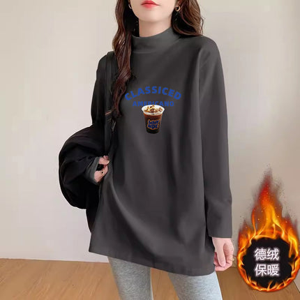 Women's Fleece Base Shirt with Shark Pants Autumn and Winter Design Sense Loose White Half-high Collar Long-sleeved T-shirt