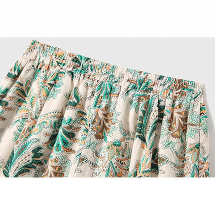 2025 Summer New Green Floral All-match Wide-leg Pants Design High-end Seaside Vacation Cotton and Linen Casual Pants