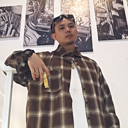 American-style chicano chicano classic plaid brushed woven thick version button-breasted loose retro long sleeve shirt for men