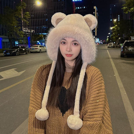 Little Bear Plush Hat for Women, Outdoor Cycling Warm Ear Protection Hat, Windproof and Cold-Resistant, Sweet Princess Style with Bear Ears, Chanel-Inspired