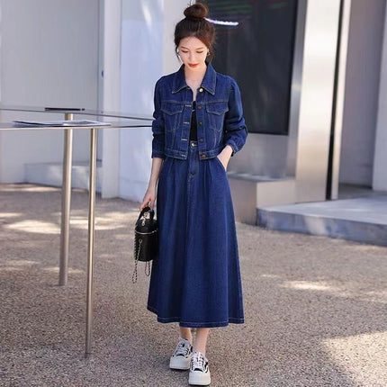 European Station Foreign Style Age-reducing Denim Dress Women's 2023 Spring and Autumn New Casual Short Jacket Skirt Two-piece Set