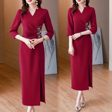 Xi mother-in-law wedding dress wine red dress 2023 autumn new fashion retro high-end slim dress