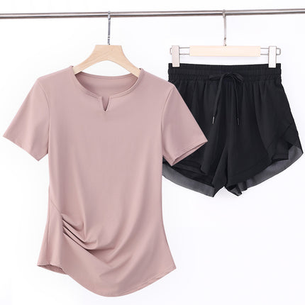 lVlV Same STyle Women's PleaTed SporTs ShorT-sleeVed Slim Sexy TighT ShorT V Neck U-back BeauTiful Back FiTness T-shirT