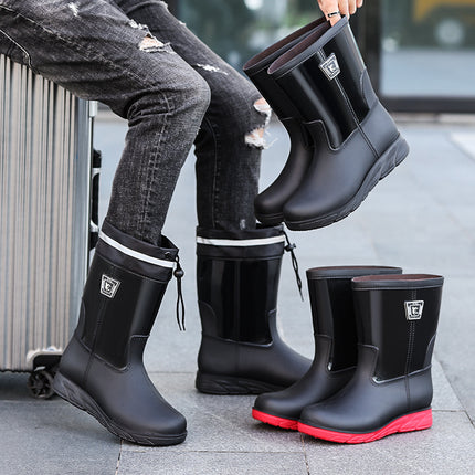 Spring and Autumn Mid-barrel Men's Labor Protection Rubber Shoes Rain Shoes Contrast Color Construction Site Water Boots Non-slip Thickened Rainstorm Boots Knight Red Bottom War Boots