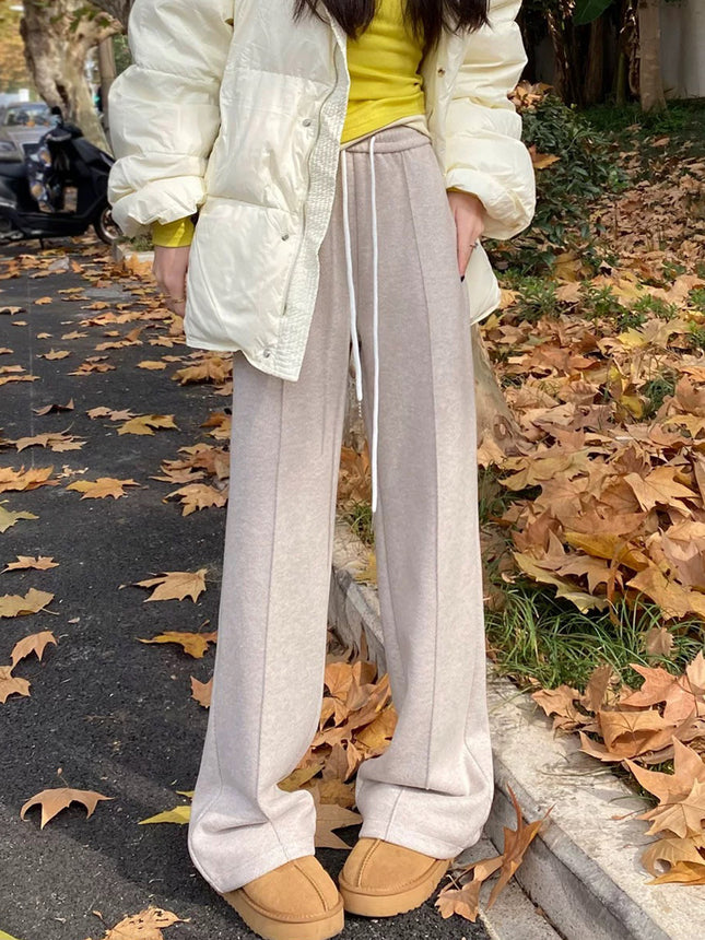 Herringbone Wide-Leg Pants for Women, Autumn and Winter 2025, High-Waisted Casual Gray Woolen Pants, Drapey Wool Narrow Straight-Leg Pants