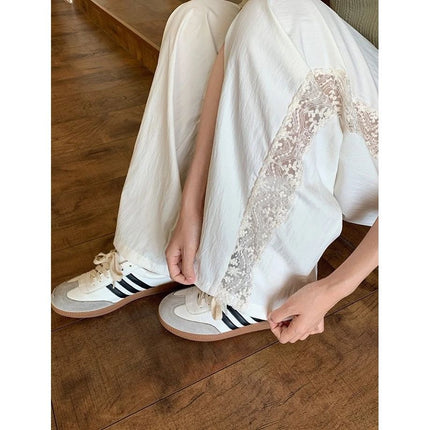 2025 new lace wide leg pants lace stitching cream pants hollow lace stitching wide leg pants summer trousers