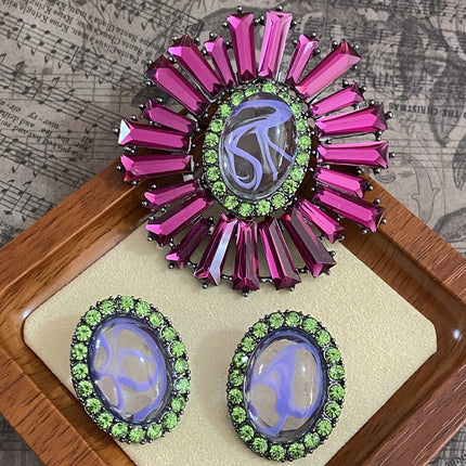French Retro Exaggerated Brooch Middle Ancient Luxury High-end Sense Elegant Purple Sunflower Brooch Earrings suit Women