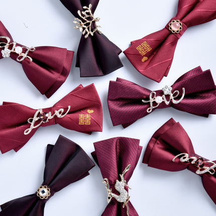 Bow tie men's formal business wine red monochrome plain diamond double flat groom wedding festive new style