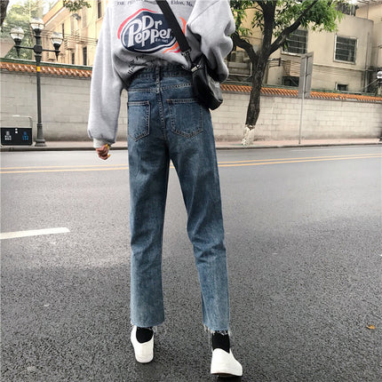 High Waist Small Straight Jeans Women's Spring and Autumn Vintage Slim Fit Cyber Celebrity Loose Rouge Cropped Stretch Pipe Pants
