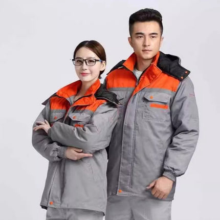 Winter Thickened Jacket, Mid-Length Workwear with Patchwork Shoulders, Cotton-Padded Jacket for Auto Repair, Construction Site, Factory, Cold Storage, and Warmth