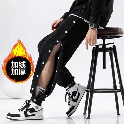 Buckle-breasted sports pants men's full-open button button loose toe autumn and winter fleece-lined pants side-open training basketball long pants