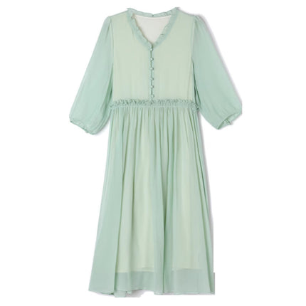 Solid Color Silk Half-Sleeve Dress, New Summer Style, Versatile and Elegant V-Neck Tie-Waist Dress