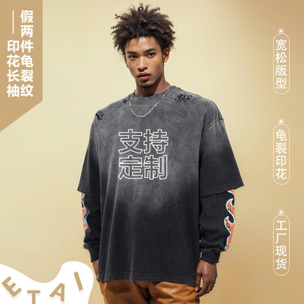 Spring and Autumn Men's Fake Two-Piece Pattern Printed Long-Sleeved Washed and Distressed Fashion Retro American Casual Heavy Top Inner Wear