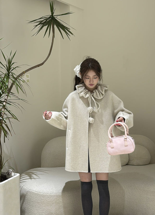 Autumn and Winter New Double-Sided Cashmere Outwear for Women, Small Hooded Drawstring Fur Ball Classy Double-Sided Wool Outwear for Women